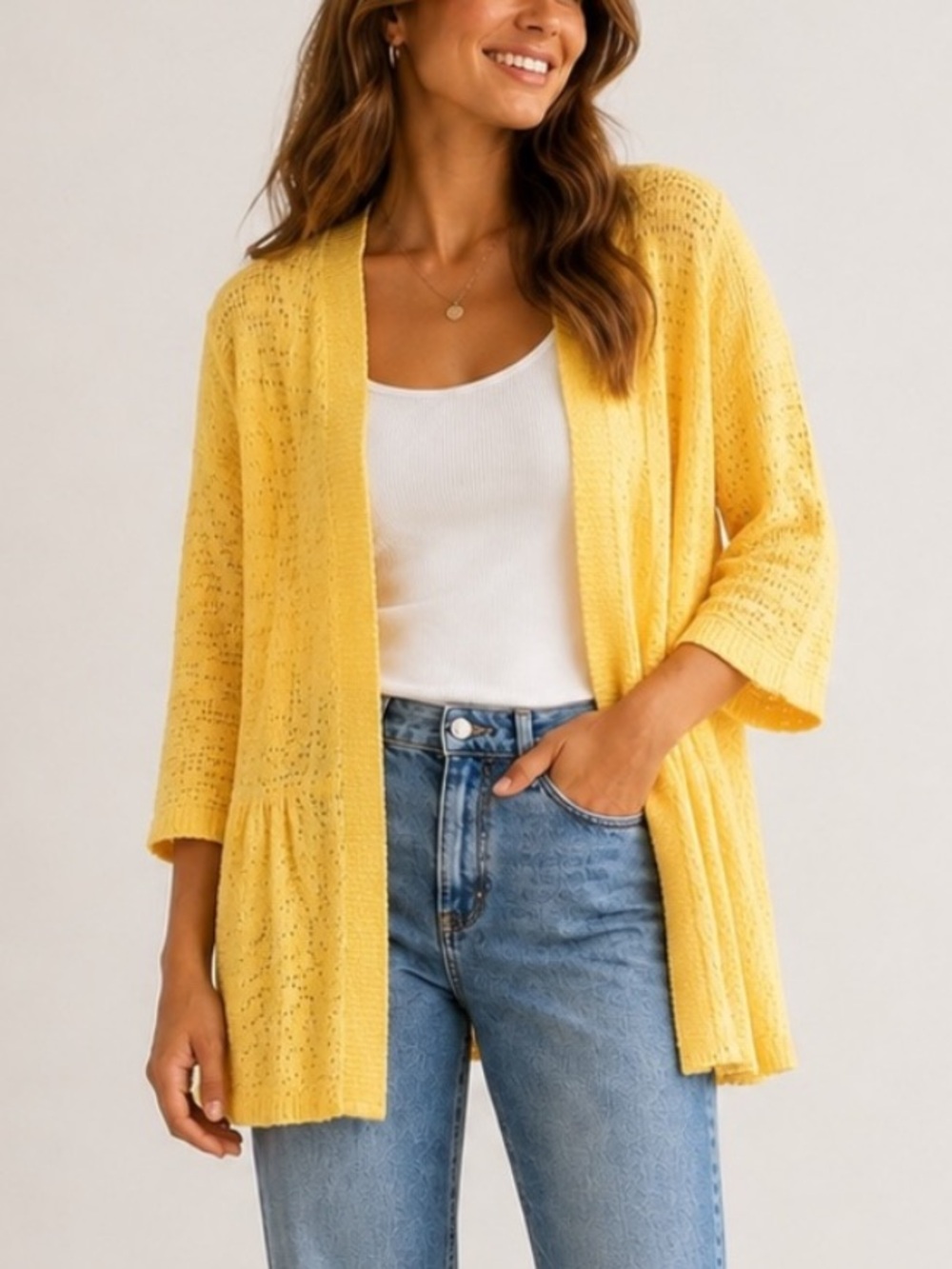Northern Reflections Yellow Open Knit Long Cardigan Large